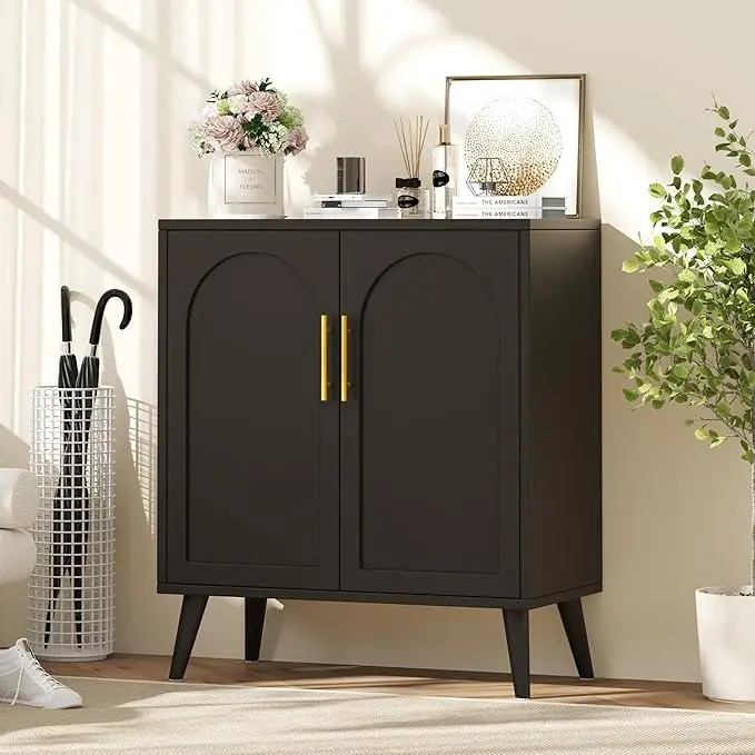 Rattan Storage Cabinet with Doors, Modern Sideboard Buffet Cabinet for Living Room, Entryway, Dining Room and Kitchen, Black