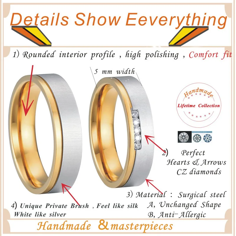 Latest proposal wedding rings for men and women pictures and prices gold plated stainless steel ring for couple cheap