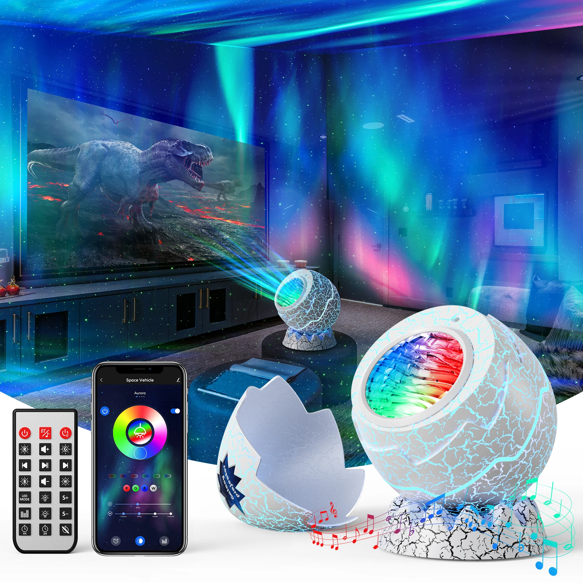 GP08 Dinosaur Eggs Bluetooth Subwoofer Speaker Galaxy Projector Star Projector for Kids Adults Gaming Room Home Theater
