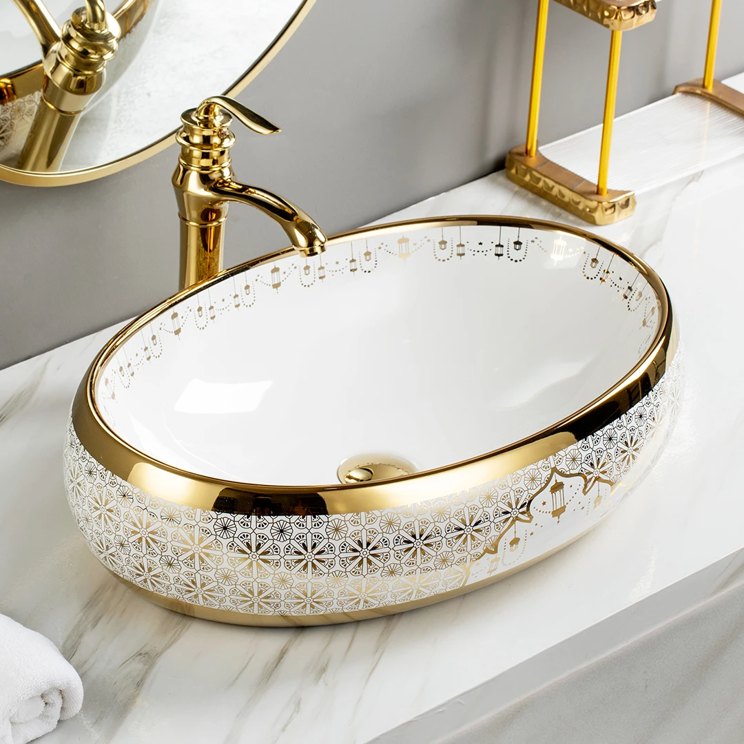 Luxury lavabo golden sink ceramic oval sink art basin gold electroplated washbasin for bathroom