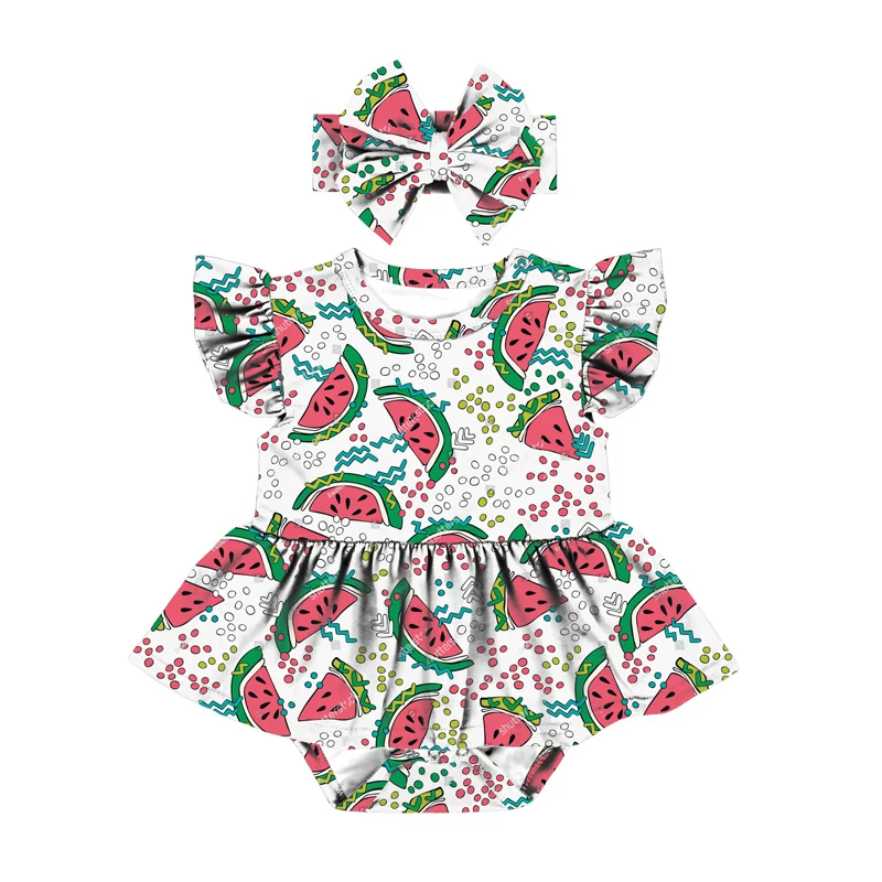 2023 Custom Print Toddler Baby Girls Flutter Short Sleeve One Piece Skirted Romper Bodysuit Outfit