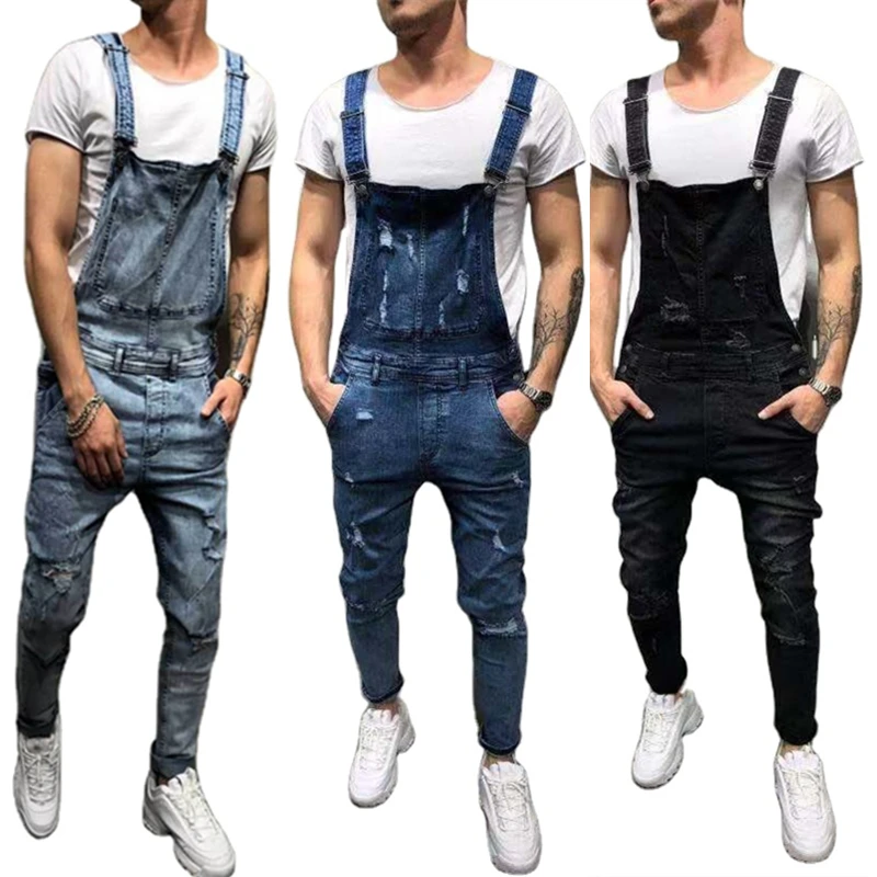 Men Stretch skinny Ripped biker Jeans Bib Overalls Jumpsuits jeans Man Streetwear casual elastic ripped dungarees male Pants