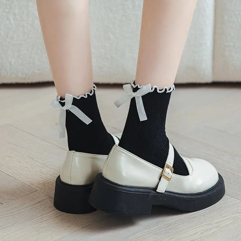 Hot Selling Lovely Stylish Ruffle Soft Cotton Girl Women Crew Socks With Bow