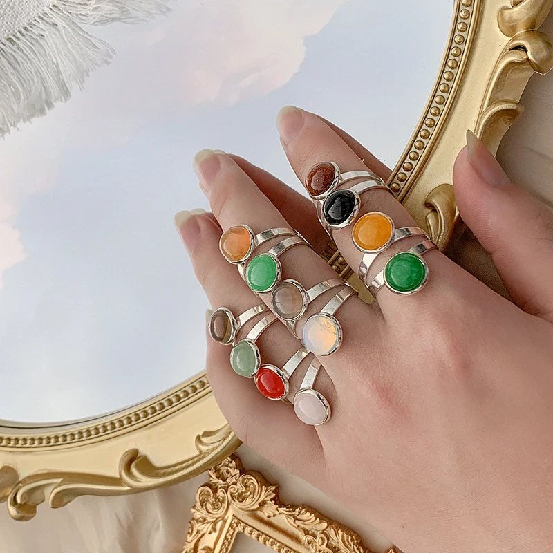 10mm Healing Natural Stone Crystal Rings Round Open Adjustable Amethysts Lapis Pink Quartz Women Ring Party Wedding Jewelry