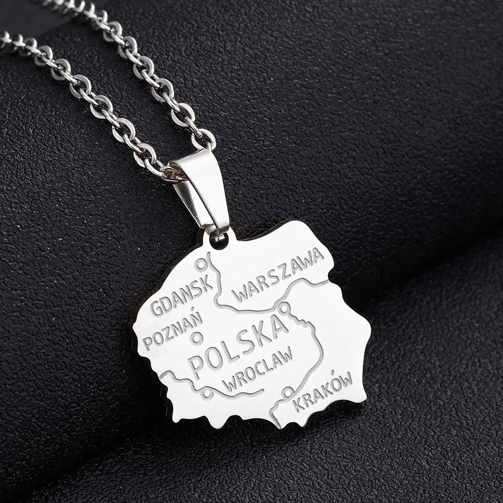 High Quality Non Tarnish Silver 18K Gold Plated 316L Stainless Steel Poland Map Pendant Necklace Jewelry For Women