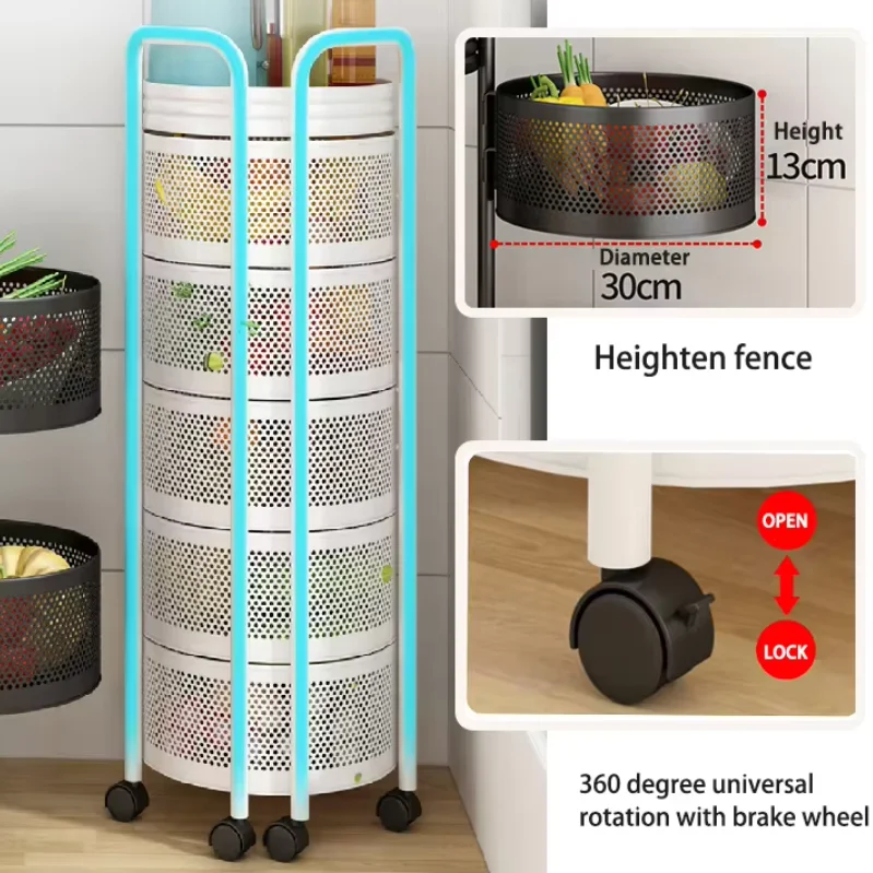 360 Rotating Shelf Floor-to-Ceiling Multi-Layer Storage Rotating Basket with Wheels, Kitchen Shelf Black