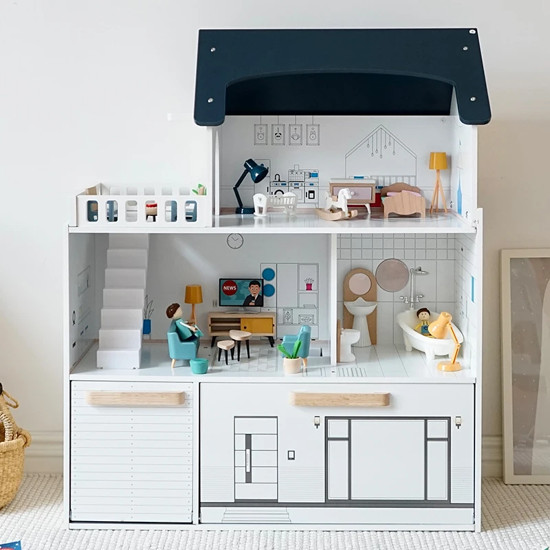 wooden toy DIY dollhouse with colorful dolls furniture children pretend play large doll house