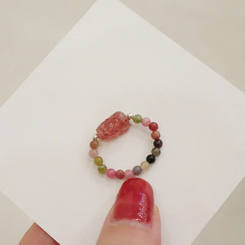 Natural crystal freshwater pearl tourmaline strawberry crystal do not fade elastic beaded ring