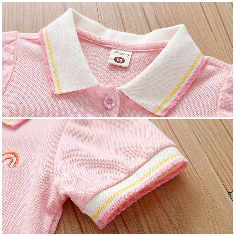New Design Kids Summer Spring 100%cotton Preppy Style Girl Dress Rainbow Embroidery Kids Polo Dress