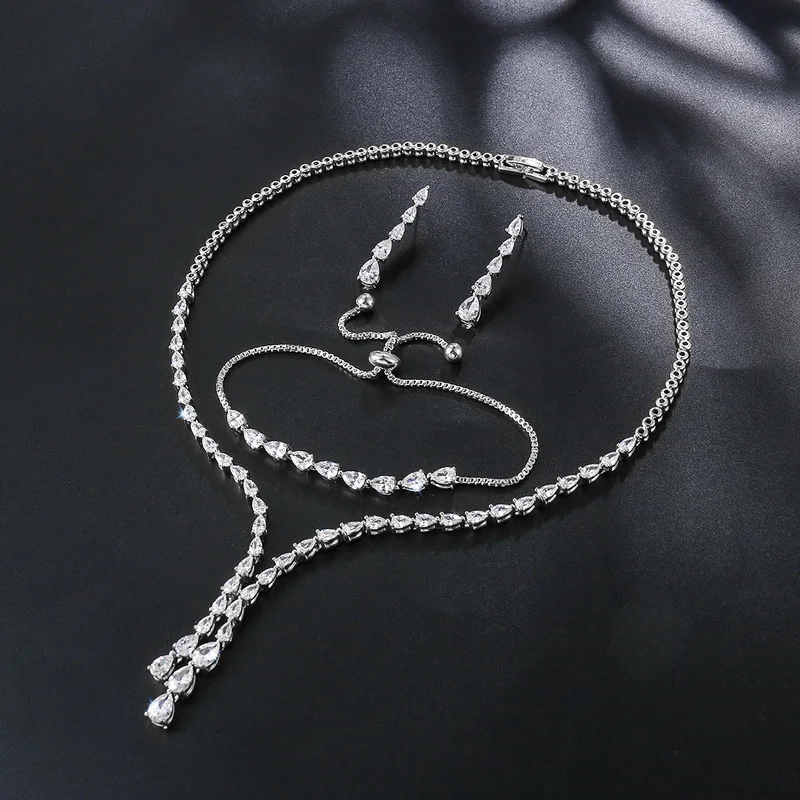 New Arrival High Quality Set of 3 Pieces CZ Wedding Necklace Bracelet and Earring Elegant Jewelry Gift for Bride Girlfriend Wife