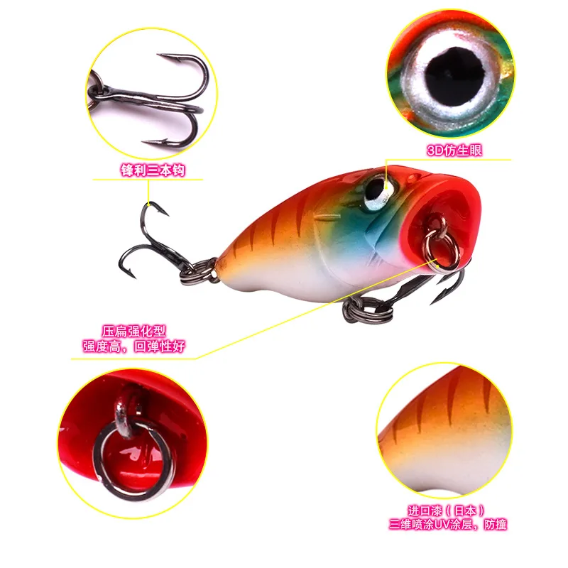 Jetshark hot selling 45mm 3.5g 6 Colors Three Hook ABS  Popper Fishing Lure