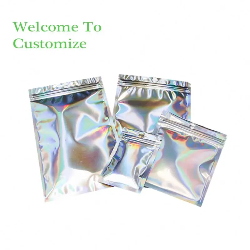 Moq 100pcs Wholesale Printed Holographic Foil Ziplock Packaging Plastic Mylar Bags For Food With Zipper Free Samples