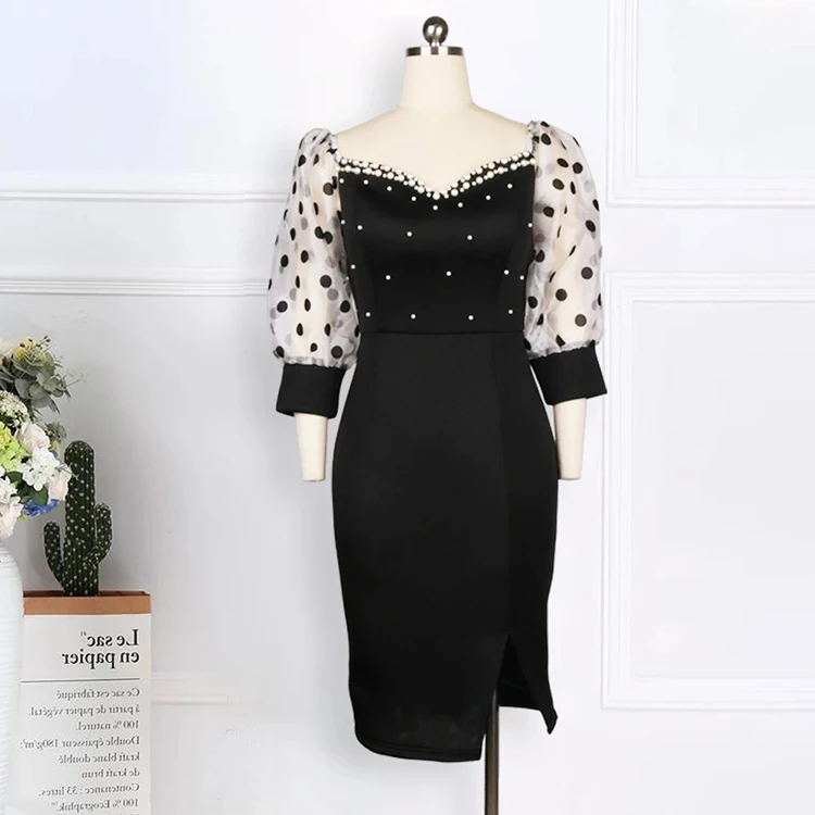 Off Shoulder Polka Dot Mesh Beading Sexy Black Bodycon Women Dresses Gowns Wear Long Evening Party Dress For Event Occasion