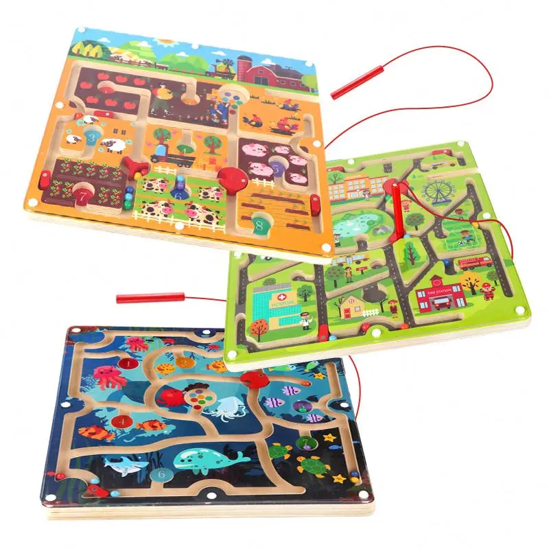 3D Wooden Magnetic Maze Puzzle Interactive Toys Montesori Stem Wooden Busy Board Magnet Beads Maze Children Educational Toy