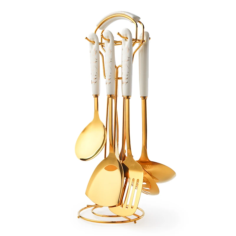 High Quality Kitchen Accessories Stainless Steel Kitchenware Sets Ceramic Handle Utensil Set Kitchen Utensils Set With Rack