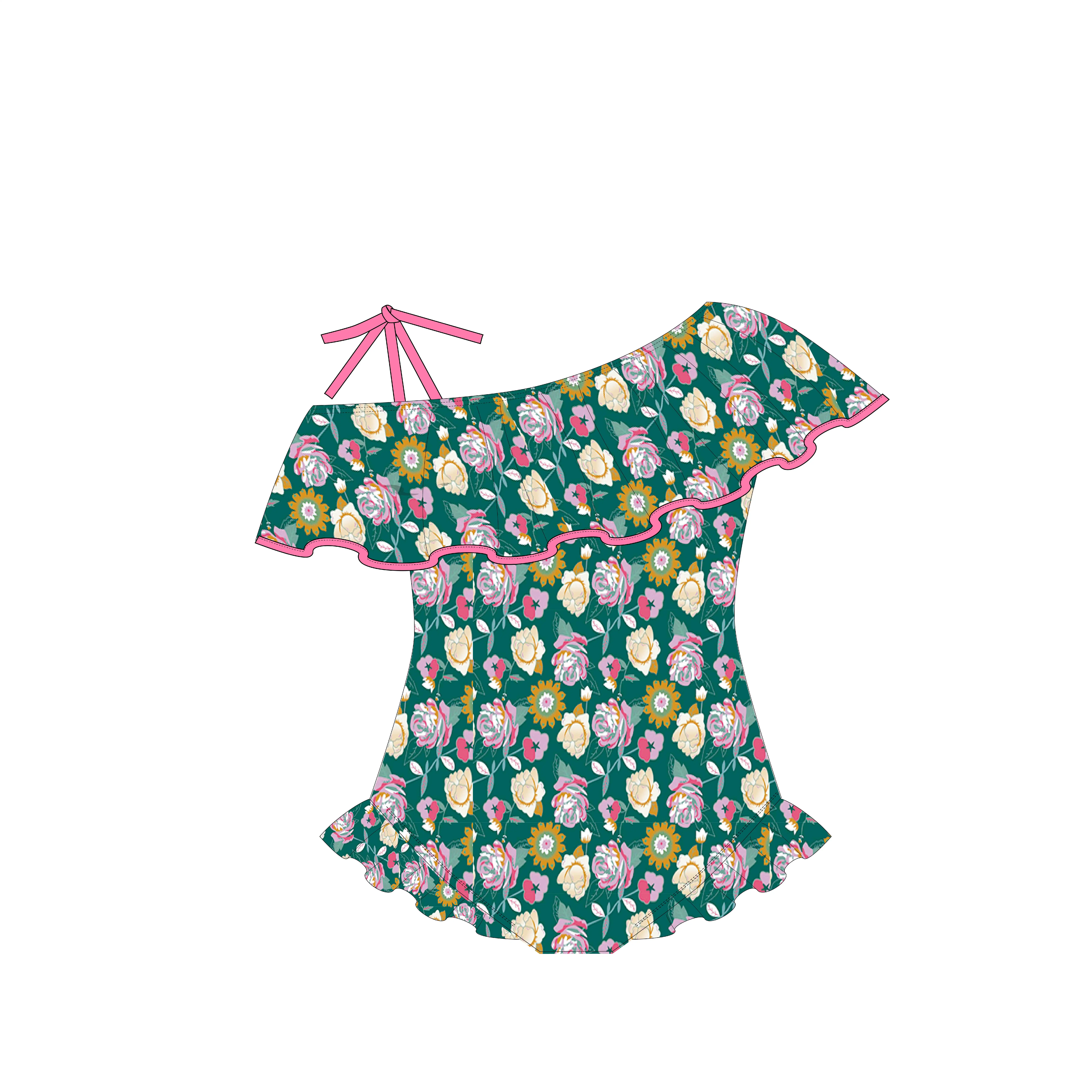 Yihui ODM New arrival hot sale girls swim clothes swimwear hot green flower frilly lace one-shoulder sleeved baby swimsuit