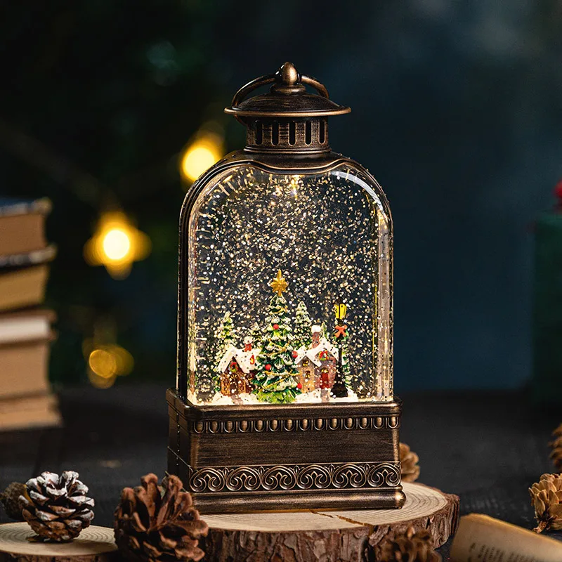 Hot Sell Noel Xmas Santa and Reindeer Village Scene Led Glitter Water Spinning Music Lantern Snow Globe Christmas Decoration
