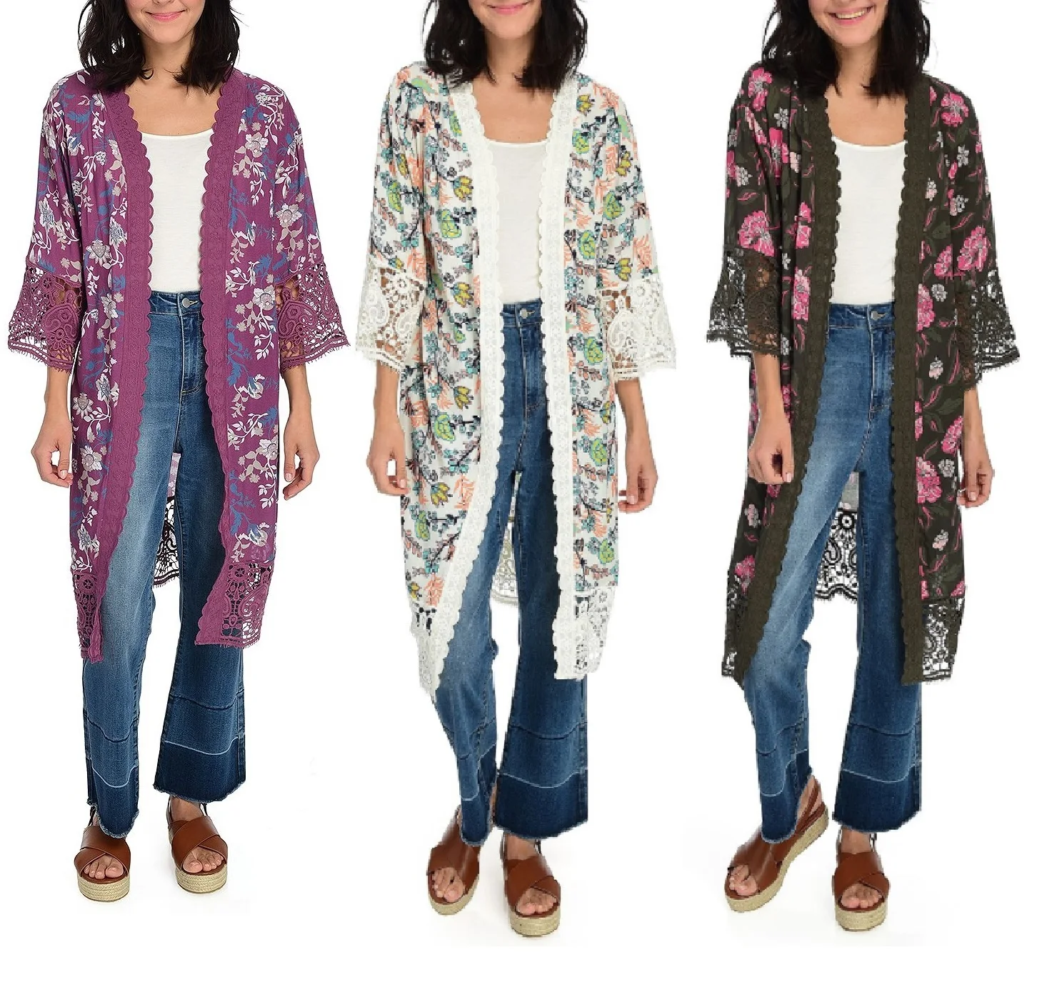 Woven printed 3/4 Sleeve Open Front Crochet Lace Trimmed Duster Relaxed Cardigan