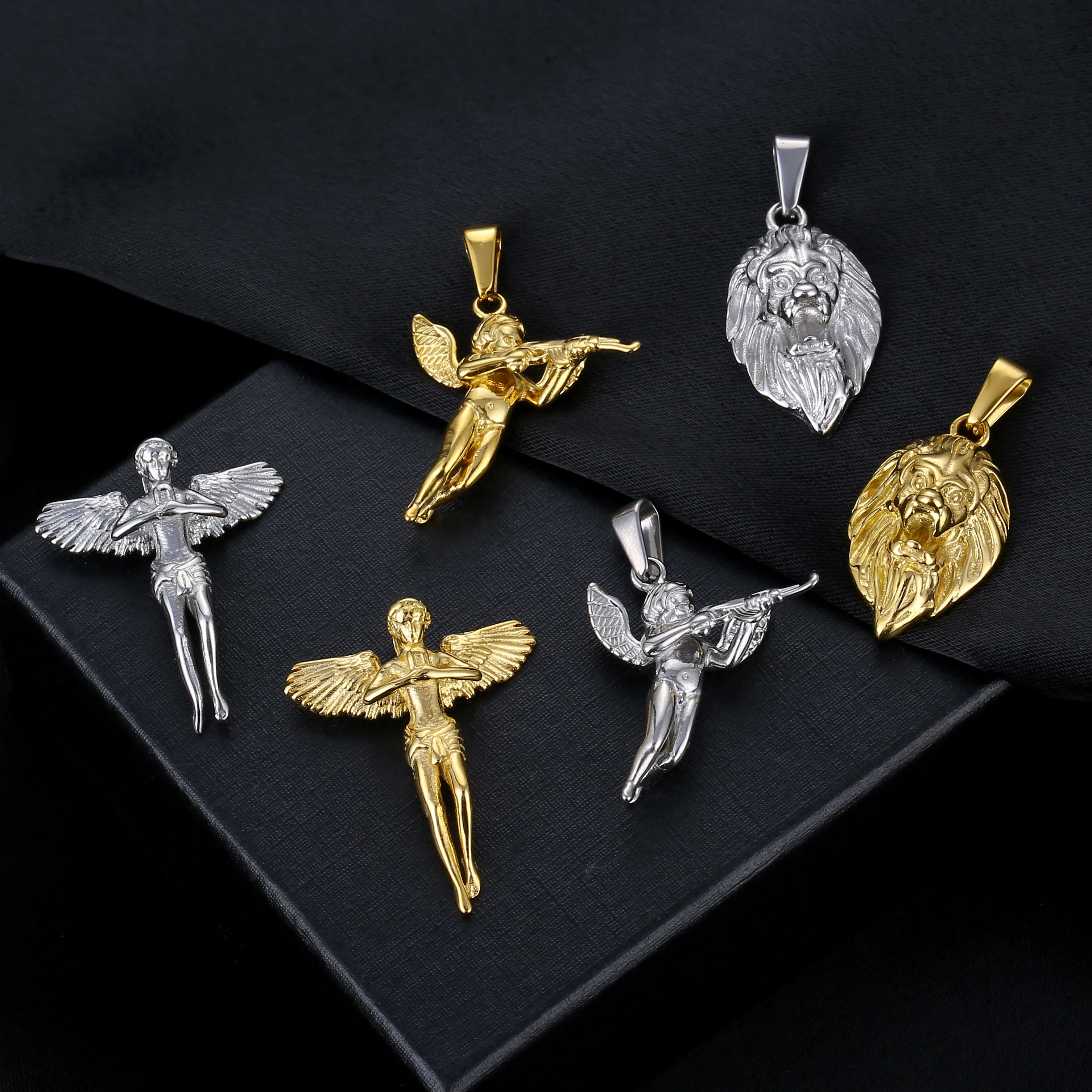 Wholesale Jewelry 18K Gold 3D Revenge Gun Angel Lion Head Praying Angel Pendant Necklace Stainless Steel Silver Chain Necklace