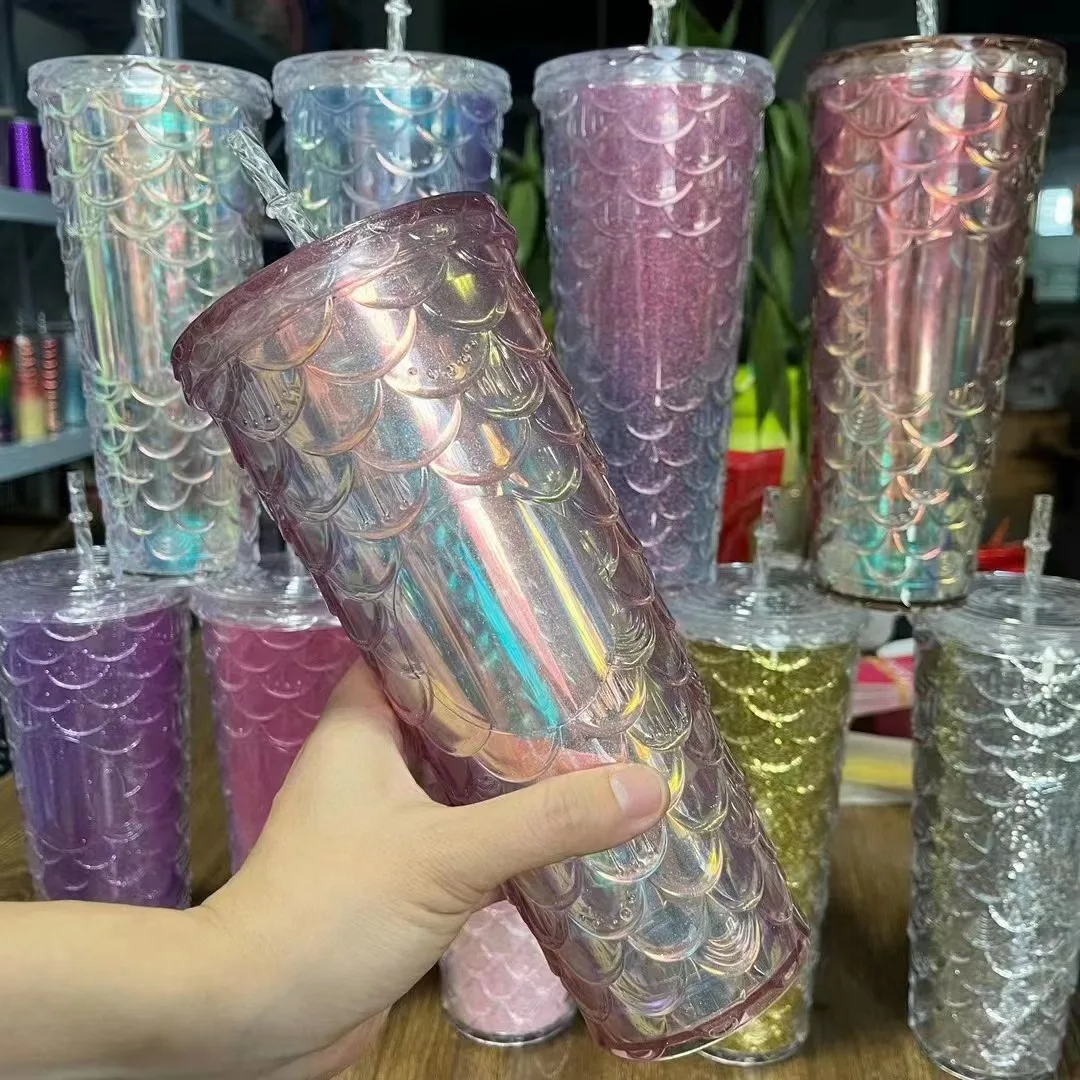 2023 Double-Wall BPA Free Coffee Mugs Cup Reusable Fish Scales Plastic cups With Lid And Straw