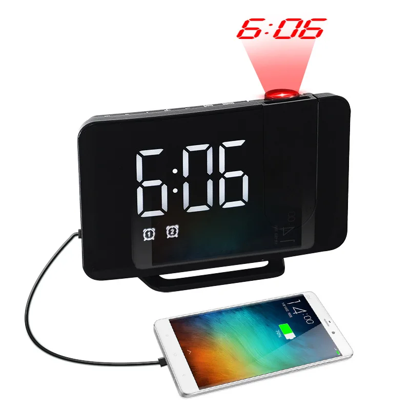 Radio Projection Alarm Clock Large Screen LED Display Electronic Curved Double Alarm Clock Table Clock