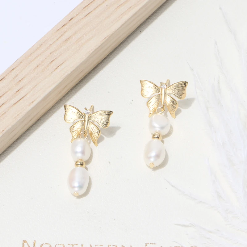 Fashion jewelry 14K gold plated butterfly shape baroque pearl earrings stud