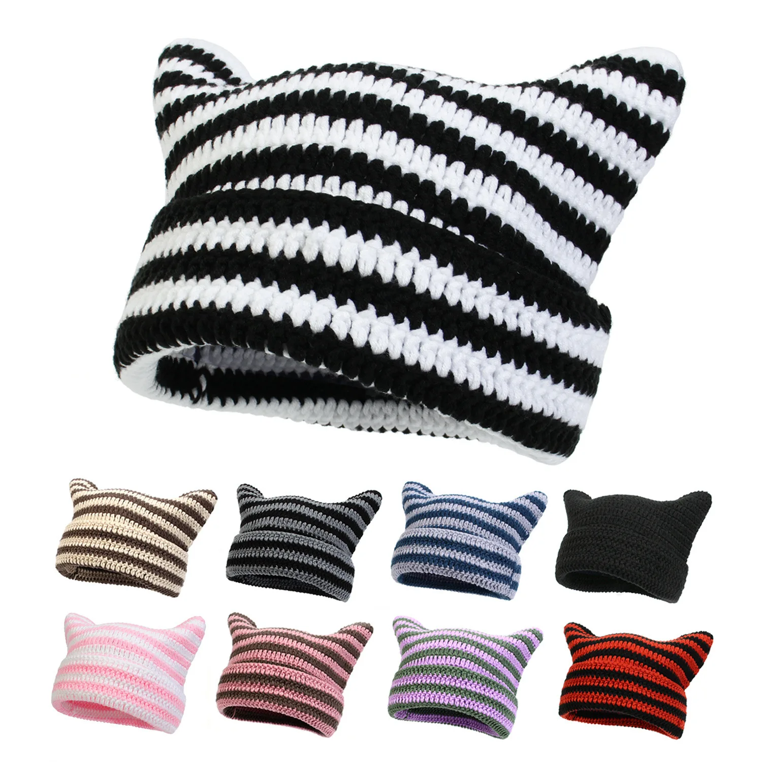 Crochet Hats for Women Stripe Cat Beanie Vintage Beanies Women Fox Hat Grunge Accessories Slouchy Beanies for Women