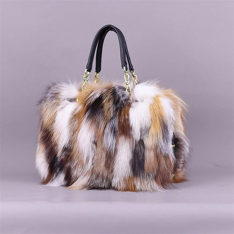 Women Elegant Fur Tote Bags New Arrival Real Fox Fur Handbags Luxury Fur Fashion Lady Bags With Strap