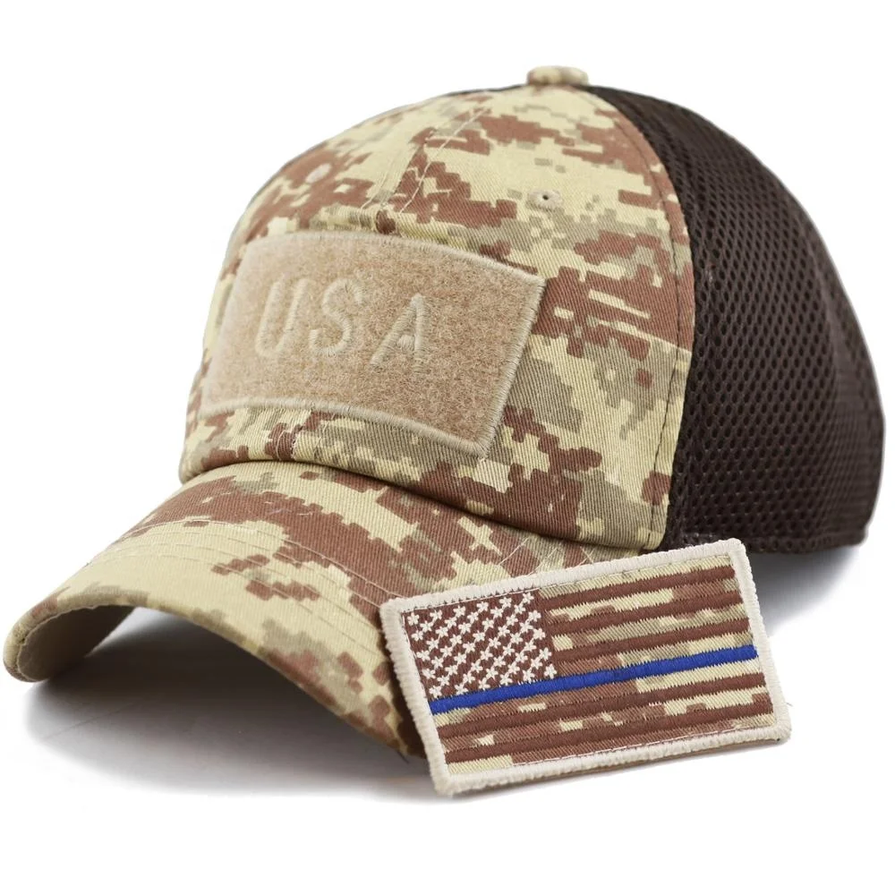 Tactical Embroidery Patch Trucker Cap Operator with USA Flag Camouflage Hoop Loop Closure Mesh Baseball Cap