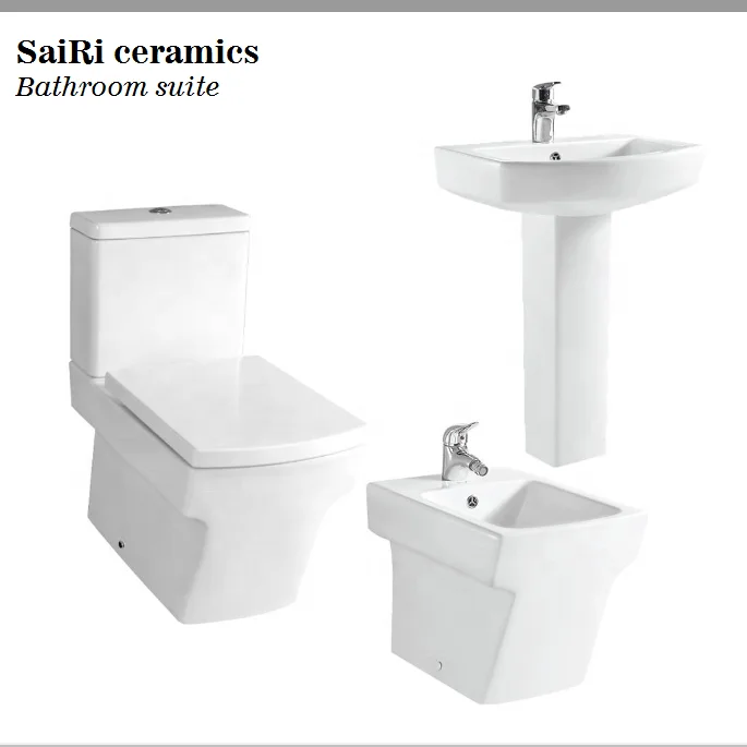 SaiRi Cheap bathroom suites square two piece toilet bowl with counter designs washbasin and bidet in set