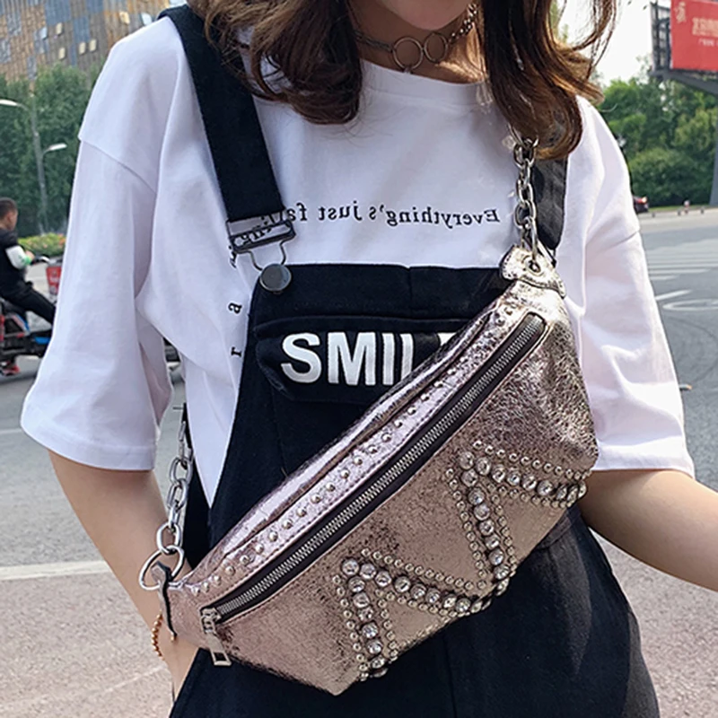 Wholesale Sequin Fashion Cool Women Purses Pu Handbags Crossbody Fanny Packs Leather Waist Pack