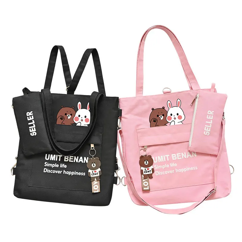 Canvas Tote Multipurpose backpack Girl student Large Capacity Shopper Bag With Zipper pencil case Handbag Women Shoulder Bag