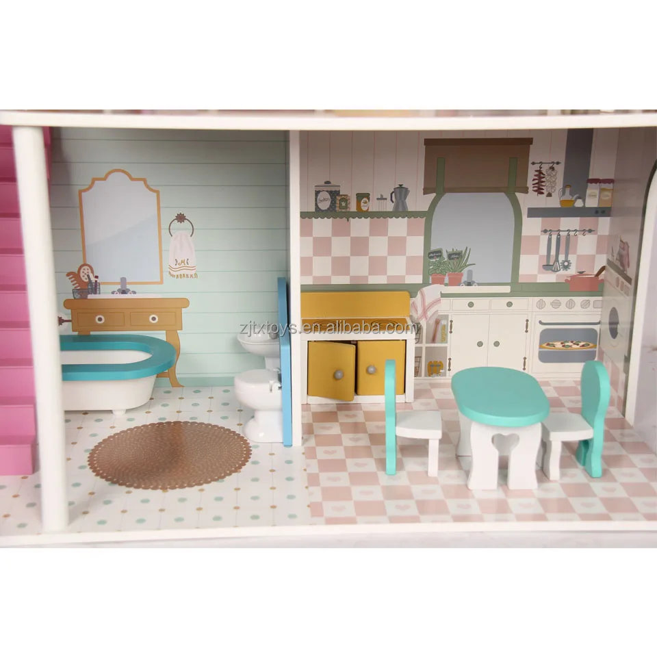 Wood single Bed Perfect Lovely Doll House UV Painting Safety Material Simulation Guitar sofa and table