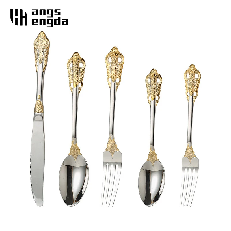 Stainless steel tableware palace style gold-plated embossed pattern master knife fork spoon dessert fork cutlery set