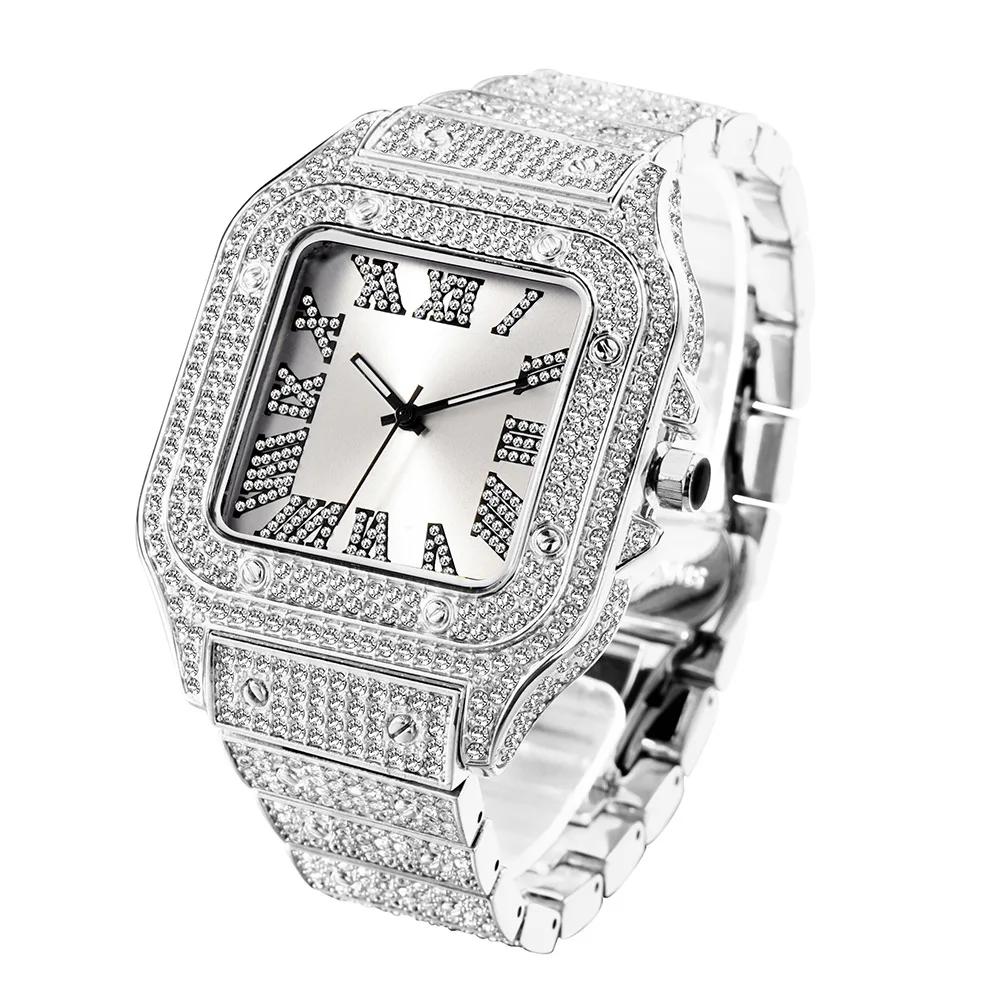 Luxury Brand Design Mens Women Gypsophila Wrist Watch Iced Out Square Big Dial Waterproof Quartz Watch