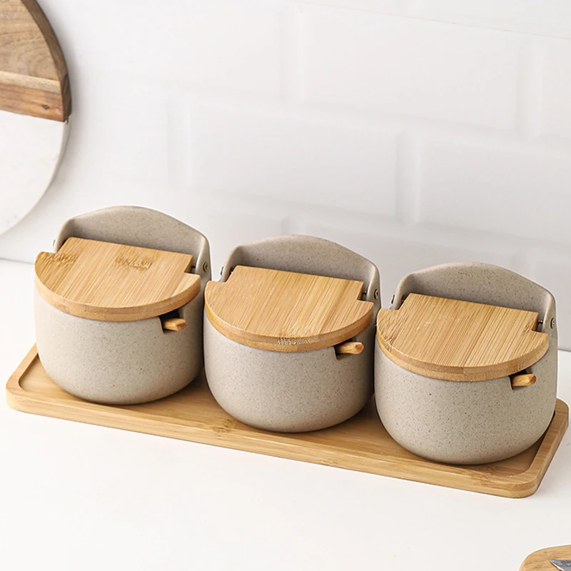 Seal Bamboo Lid Wood Seasoning Pot Ceramic Spice Jar Japanese Style Kitchen Food Porcelain Storage Bottles Jar Sets