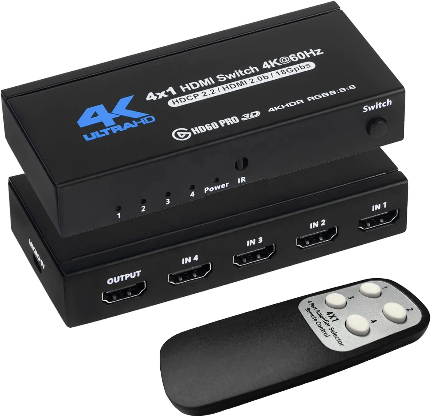 4 in 1 HDMI Switch 4K@60Hz 4 Port HDMI Switcher Selector Supports HDCP 2.2 HDR10 3D HD1080P Dolby DST
