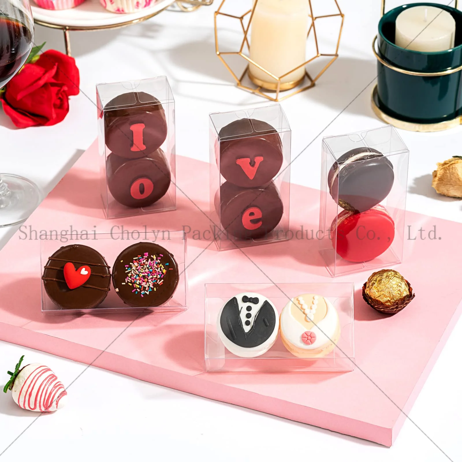 Customized printing candy chocolate pie cake packaging counter retail clear pet material plastic display box