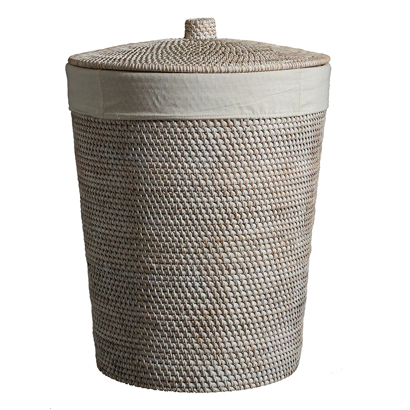 wholesale Handmade Round Rattan Woven Waste Bins Lids Wicker Baskets Laundry Hamper Other Home Clothing Storages & Organization