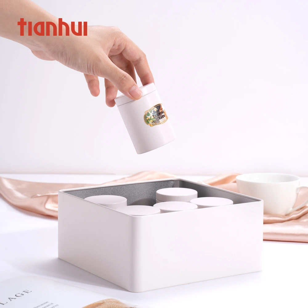 Tianhui Square Storage  Tea Packaging Flower Tea Gift Tin Metal Boxes with Six Tins Set