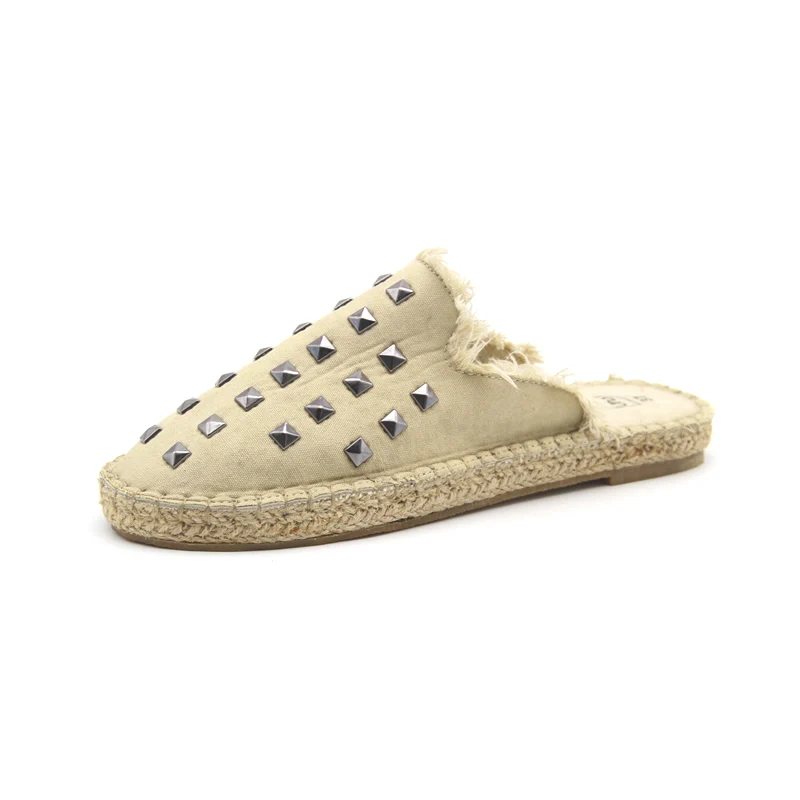 2021 модные эспадрильи с заклепками и джутовой подошвой; Женские сандалии; Роскошные шлепанцы для женщин; babouche