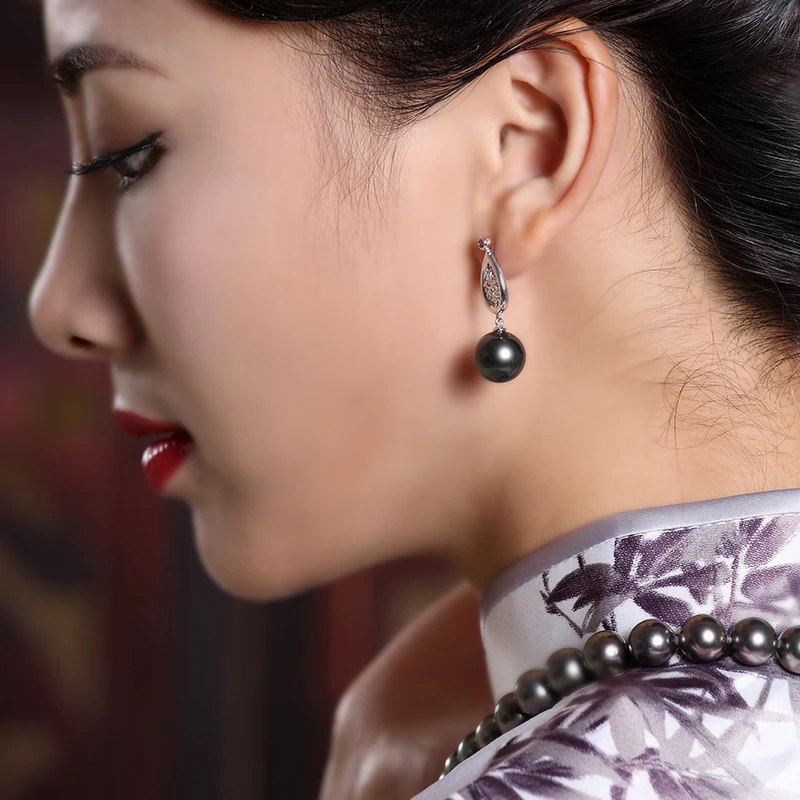 New Model 925 Silver Black Tahiti Pearl Traditional Earring