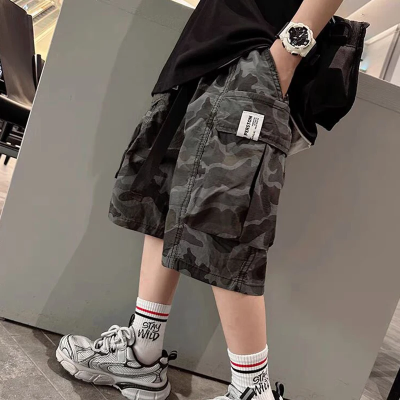 New Cargo Streetwear Shorts Kids Casual Style Multi Pockets Outdoor Shorts Camouflage Drawstring Knitted Shorts For Boy