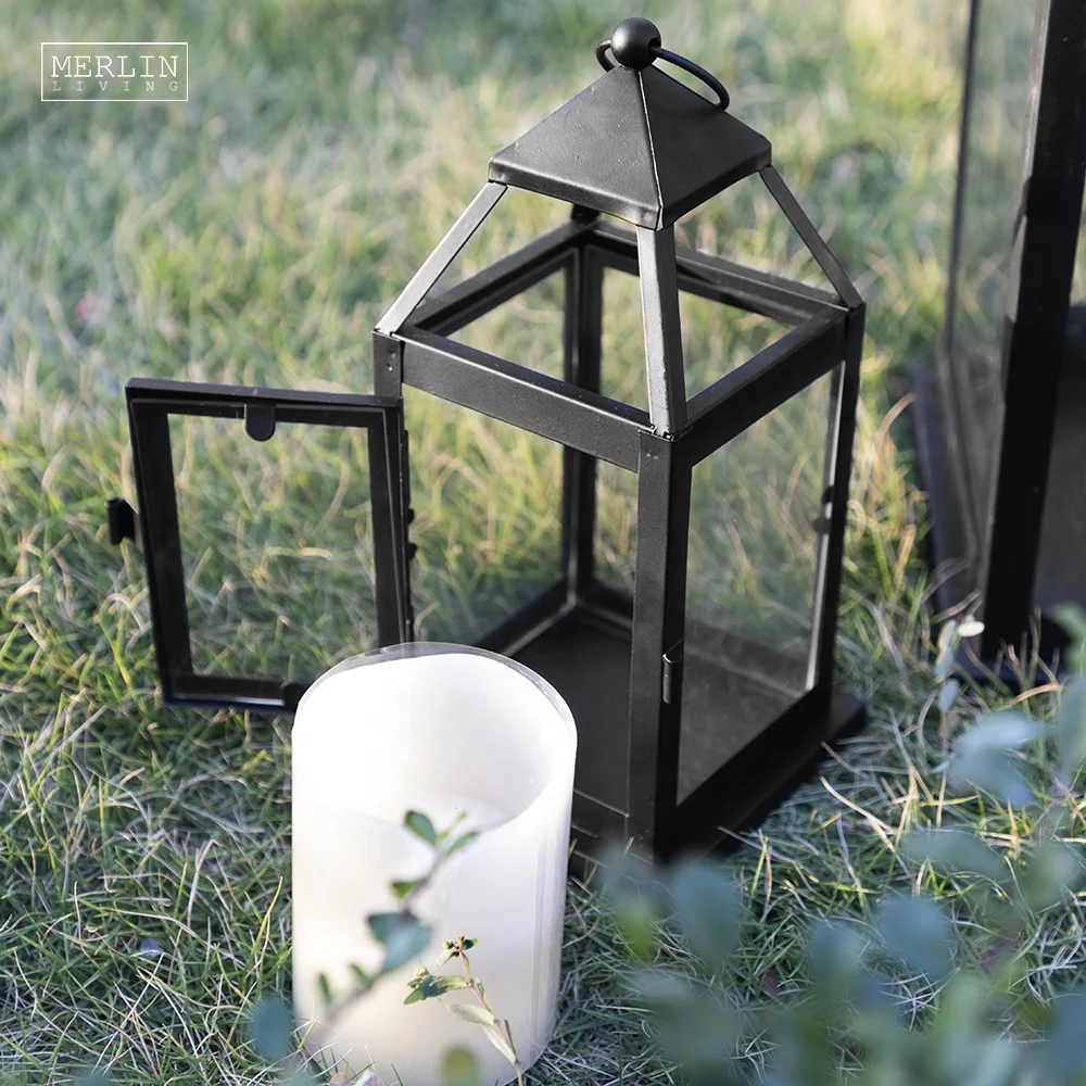 Merlin Living outdoor iron glass candle holders rainproof pillar black candlestick home decor for metal candle holders