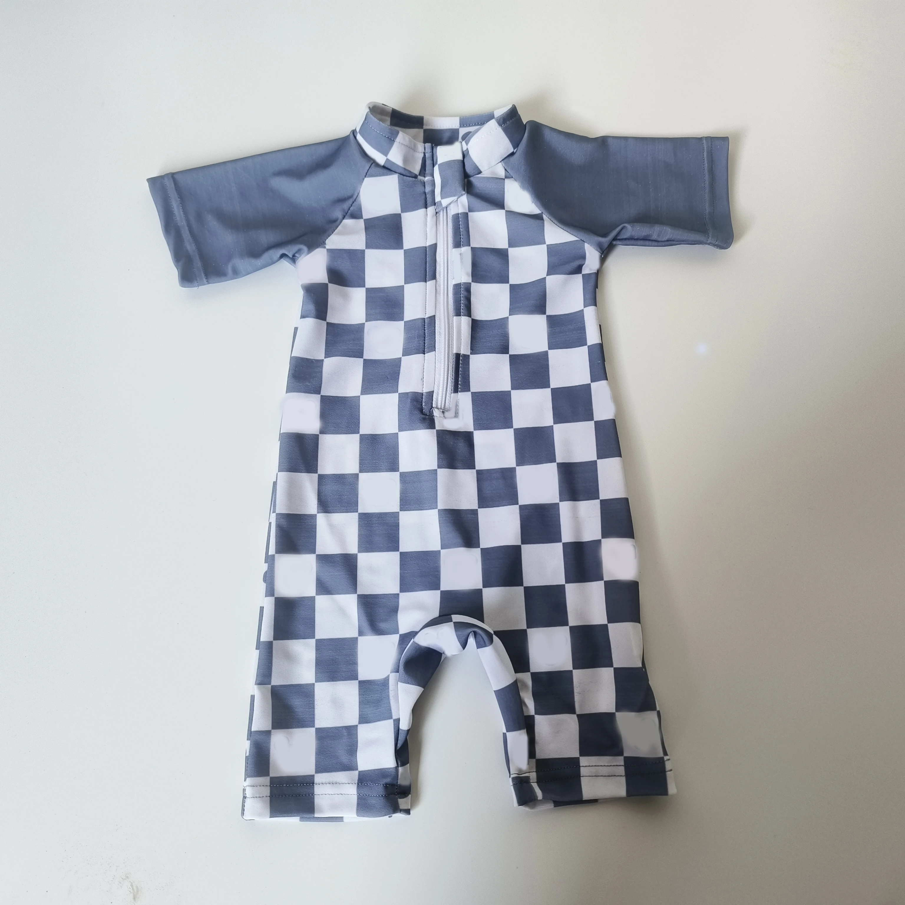 OEM Unisex Baby Summer Swim Wear One-Piece Short Sleeve Romper with Solid Color & Checkerboard Print Quick Dry Feature