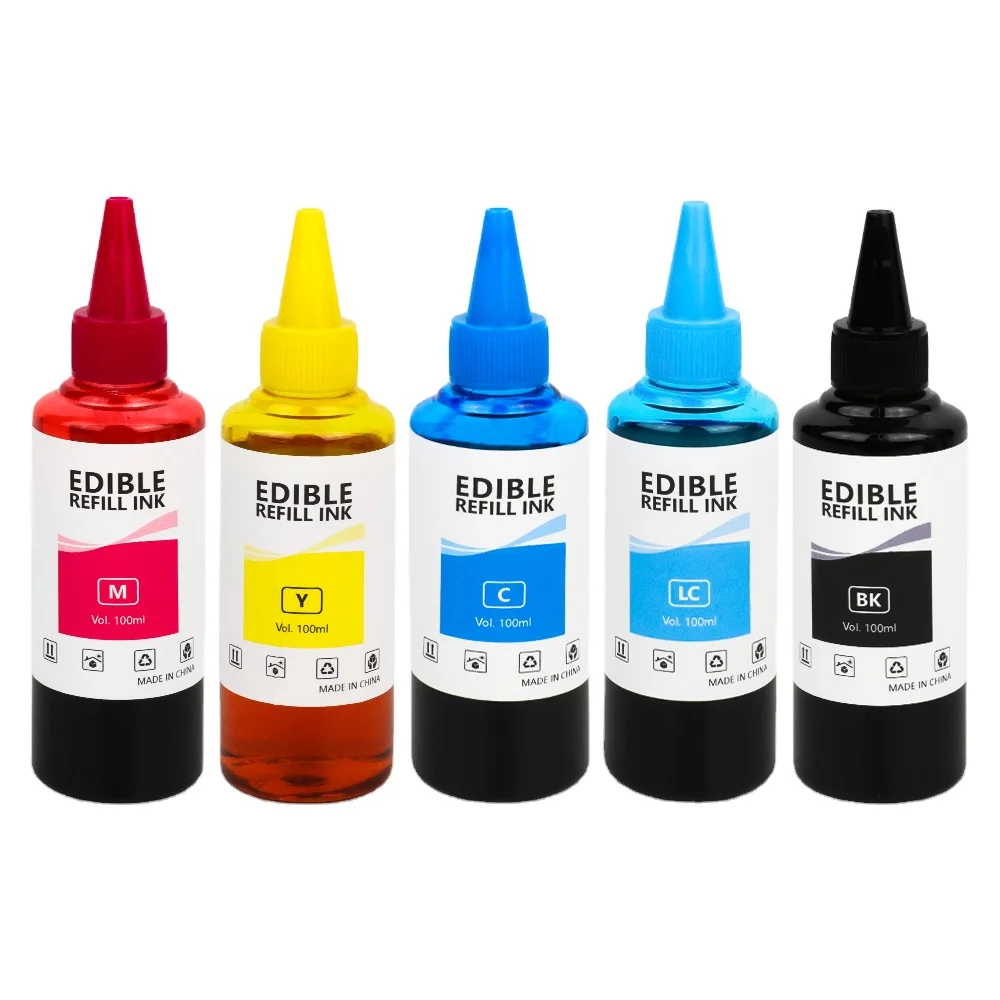 Support Wholesale Custom Label Pack 5 Color Food Ink 100ml Bottle Edible Ink For Cake Coffee Printers