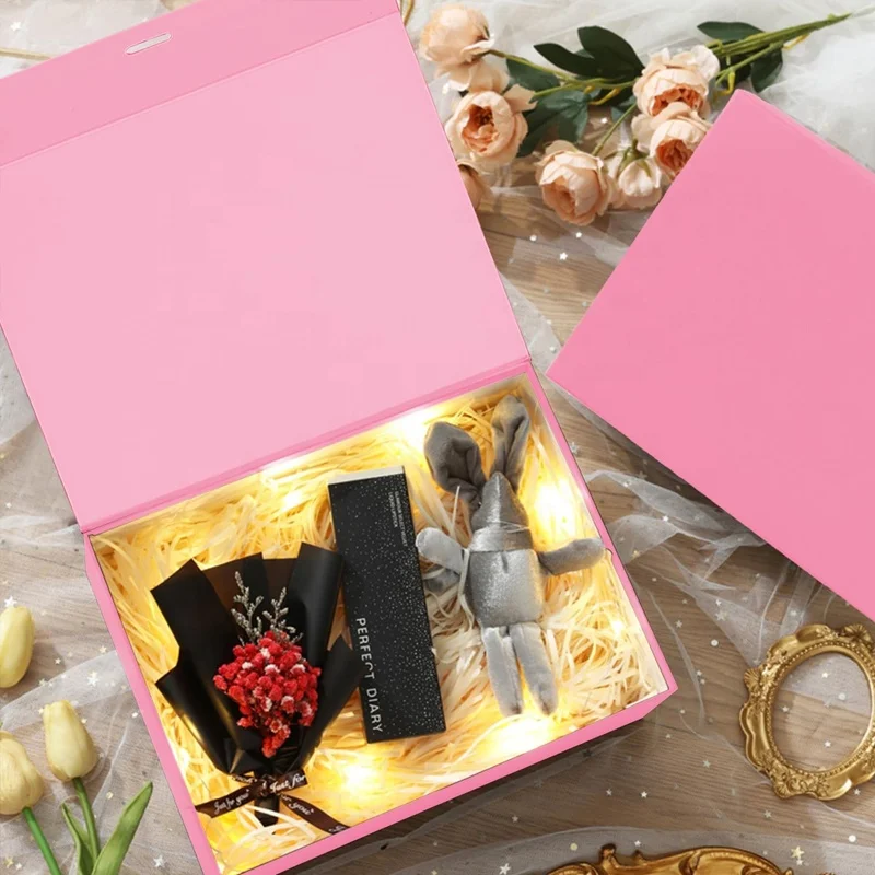 Customized logo Pink Large Recyclable Rigid Cardboard Foldable Clothes/Shoes Packaging Luxury Magnetic Gift Box with Ribbon