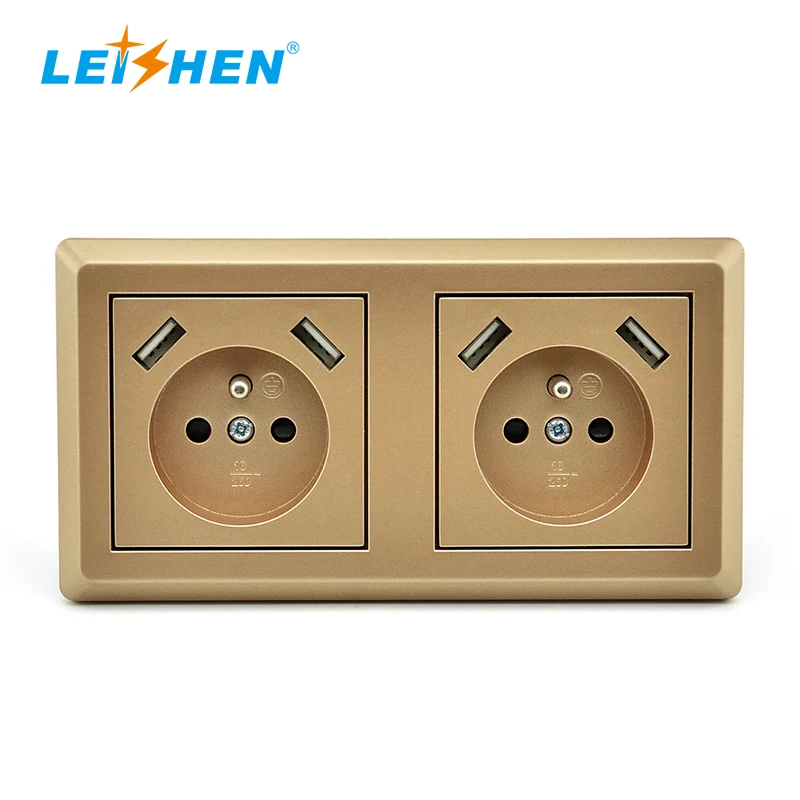 Golden Color 6.8A  Double USB AC Plug Schuko Socket Electrical Outlets Power Wall Socket For French Poland Turkey Market