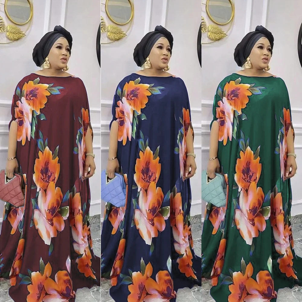 2022 Fall African Clothes Abaya Women Traditional Muslim Clothing Two Piece Flower Printed Robe And Maxi Dress Set