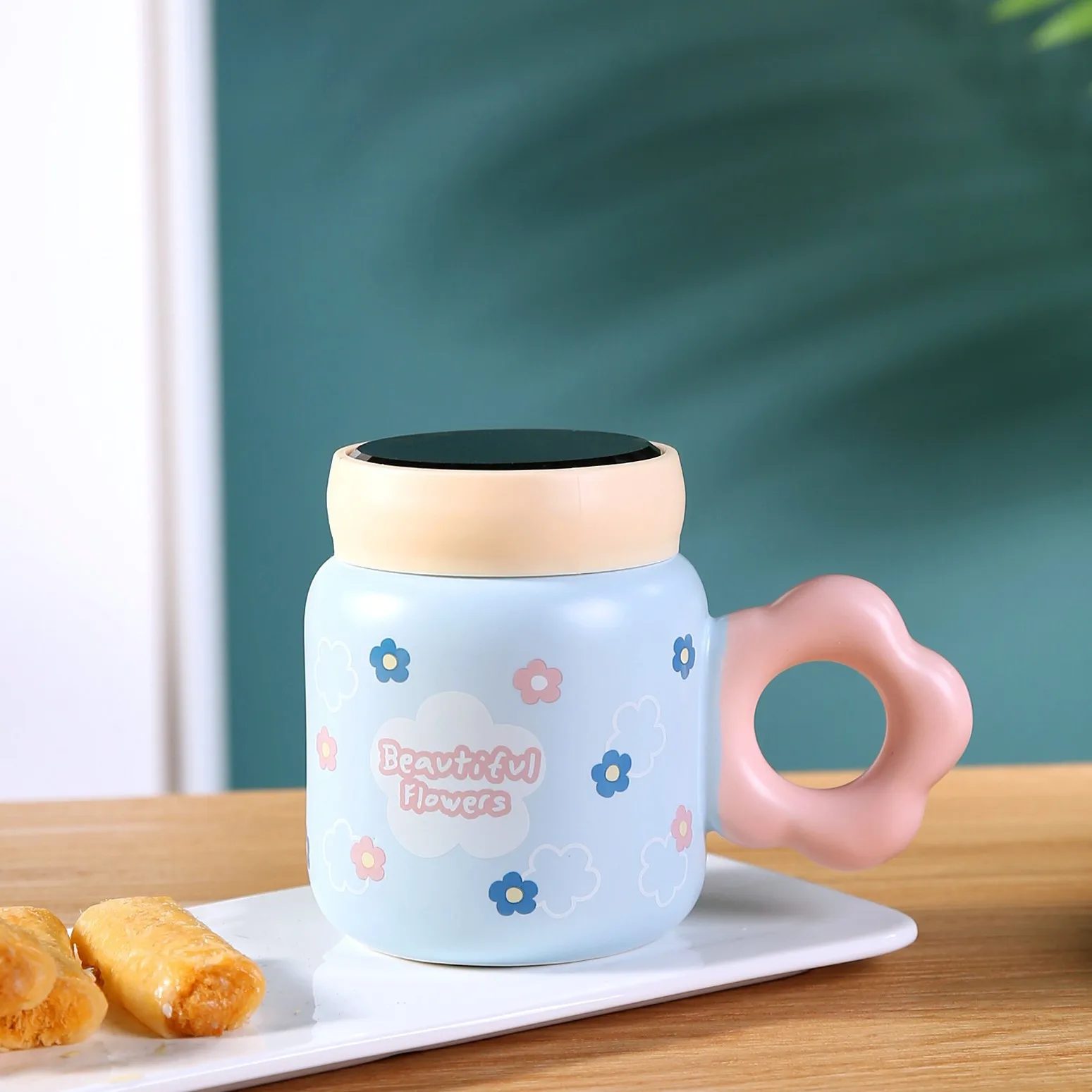 INS tulip fresh water cup girl student with lid office mug household ceramic water cup customized